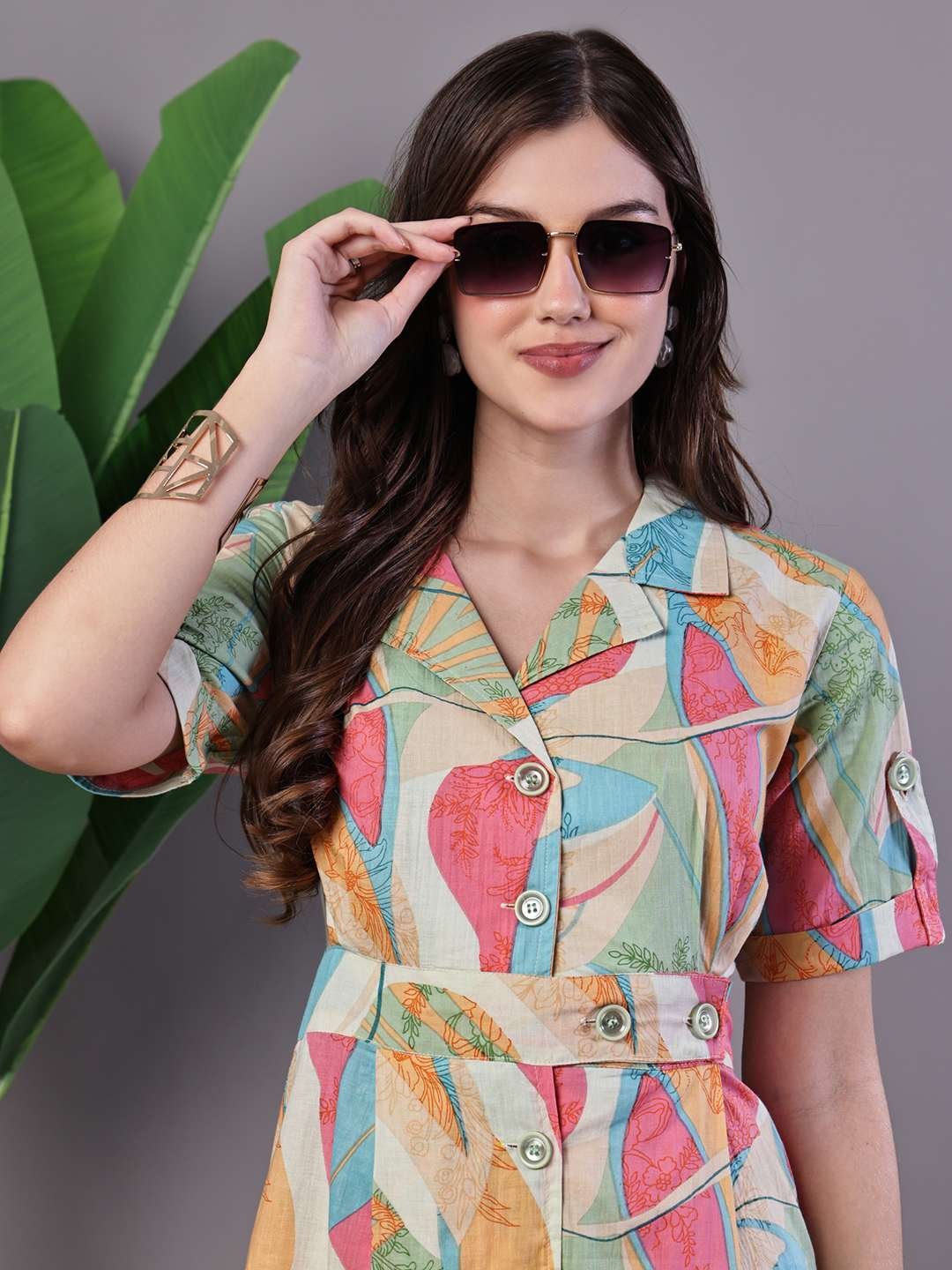 Women's Pastel Abstract Print Button-Down Cotton Midi Dress - Image 4