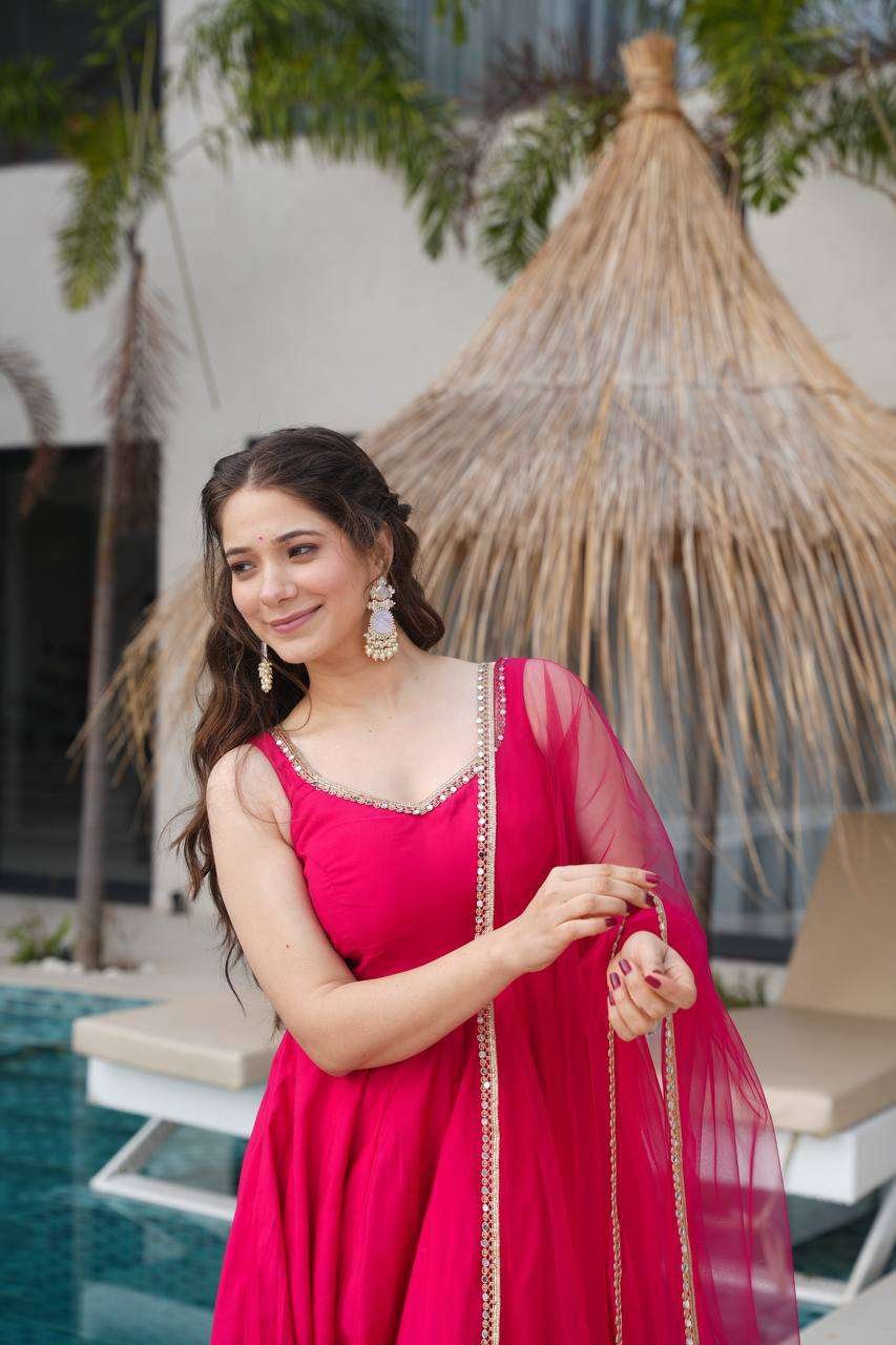 Womens Pure Romansilk Chanderi Anarkali Kurti with Pant & Dupatta Set - Image 7