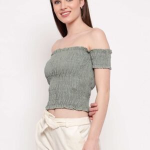 Women's Rayon Solid Off-Shoulder Smocked Crop Top Short Sleeve Casual Styles Tank Top (FREE SIZE) Multi27